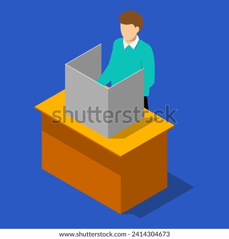 Man standing at voting booth during election. General election concept. 3D isometric illustration.