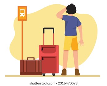 Man standing waiting at bus stop with luggage and bags,moving to visit city from there.Flat illustration