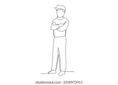 Un hombre de pie esperando el tren. Actividades de la estación de tren dibujo de una línea