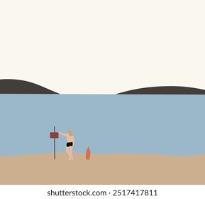 Man standing with warning sign of red flag strong sea wave by the sandy beach background. No Swimming Prohibition Sign
