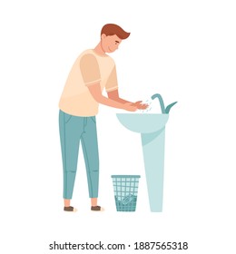 Man Standing at Wash Stand and Washing His Hands Vector Illustration