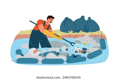 Hombre de pie en el agua recogiendo basura de la Ilustración vectorial llana del río aislado en blanco. Eco voluntario limpiando el agua de la basura plástica. Sistema de retención de basura.