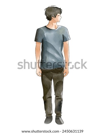 Man standing in a watercolor style. Young pretty guy watercolor sketch. Vector illustration