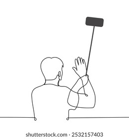 man standing waving at camera of  phone holding it on selfie stick - one line art vector. concept vlogger or blogger making content, man communicating via video link, live broadcast. Handmade vector