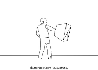 man standing waving a large shopping bag - one line drawing. happy customer with purchases; seasonal sale concept; results of Black Friday or Cyber Monday 