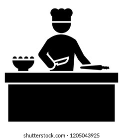 A man standing wearing chef hat, cutting vegetables icon 