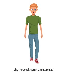 man standing and wearing jeans and green tshirt over white background, vector illustration