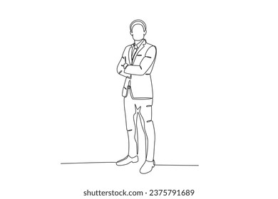 A man standing wearing a tuxedo. Tuxedo one-line drawing