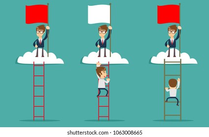 man standing while holding the career ladder to get the flag in the clouds. Career, success concept. Stock flat vector illustration.
