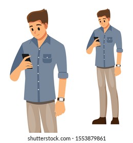 Un hombre de pie mientras sostiene un smartphone , llama y envía mensajes a través de sms chat con Internet wifi. Concepto de comunicación .Dibujo vectorial caricaturista.