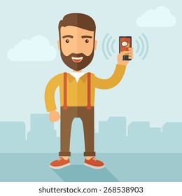 A man standing while holding smartphone with bubble, call and sends message via sms chat with internet wifi. Communication concept. A contemporary style with pastel palette, soft blue tinted