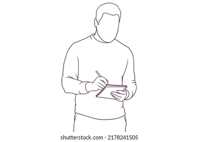 man standing while writing on note book hand drawn style vector illustration