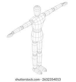 A man is standing in a white background. He is wearing a black shirt and has his arms outstretched. The image is a simple black and white drawing of a man. Isometric view