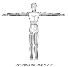 A man is standing in a white background with his arms outstretched. The image is a silhouette of a man, with his arms and legs spread out. The man is in a pose, possibly for a photograph or a drawing