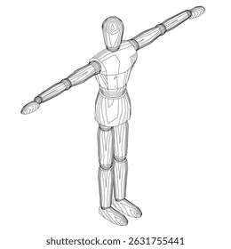 A man is standing in a white background with his arms outstretched. The image is a black and white drawing of a man in a pose. Isometric view. 3D