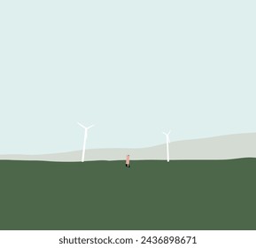 Man standing in wind turbines or windmill farm for renewable electric energy on grassy field against blue sky. Green sustainable energy concept.