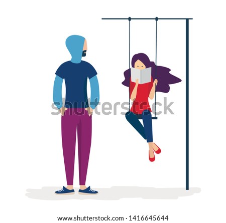 Man is standing, woman on a swing reading a book. Flat style. Vector