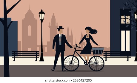 A man standing and a woman sitting on a bicycle. Minimalist flat illustration of a romantic scene. City background.