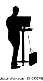 Man standing and working on computer vector silhouette. IT worker internet searching. Seller in shop. Boy assistant in supermarket store. Advertising marketing manager. Modern vendor help for customer