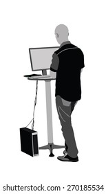 Man standing and working on computer. IT worker internet searching. Seller in shop. Boy assistant in supermarket store. Advertising manager find solution for marketing. Modern vendor help for customer