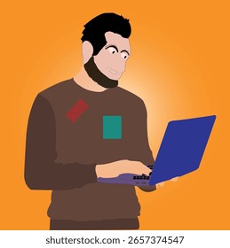 Um Homem Em Pé E Trabalhando Em Um Laptop