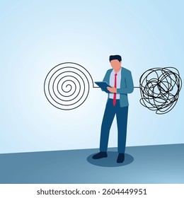 A man standing writing changing the complicated lines into orderly ones. A metaphorical illustration for writing down problems, analysis and creativity in solving problems.