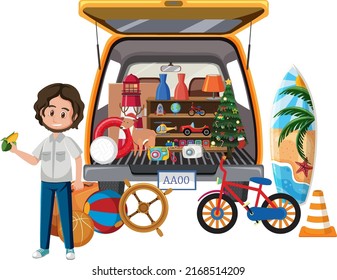 Man standing at yard sale illustration