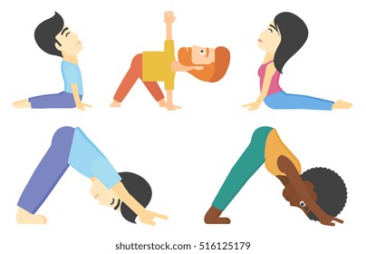 Man standing in yoga downward facing dog pose. Woman meditating in yoga upward dog position. Man standing in yoga triangle pose. Set of vector flat design illustrations isolated on white background.