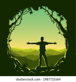 A man stands against the background of mountains. Graphic t-shirt design. Silhouette of nature. T-shirt print. Vector illustration. EPS 10.