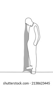 man stands against the wall and his head resting it his hands in his pockets    one line drawing vector  concept hopelessness  loneliness  migraine  apathy  depression