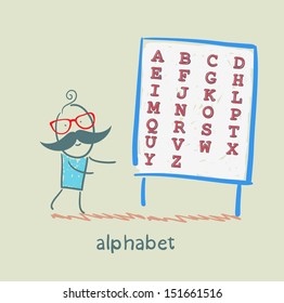 a man stands with alphabet