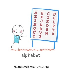 a man stands with alphabet