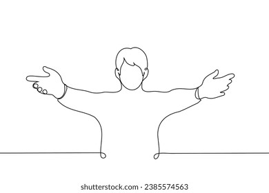 man stands with arms outstretched wide apart - one line art vector. concept offer hugs