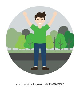 A man stands with arms raised in a park outdoors feeling free and happy on a sunny day
