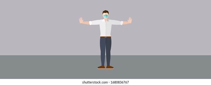 A man stands with arms stretched out to maintain social distancing while wearing a mask for COVID-19 coronavirus prevention