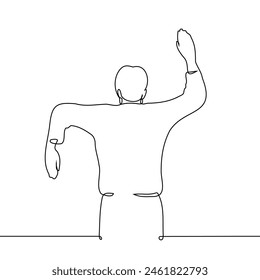 man stands with arms stretched out to the sides and elbows bent, right hand up, left hand down. one line vector art. concept gestures, hand exercises, sending conflicting signs and signals.	