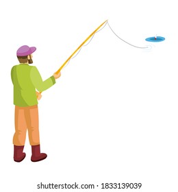man stands backwards to us and catches fish with a fishing rod, cartoon illustration, isolated object on white background, vector, eps