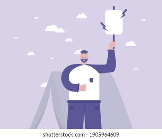 A man stands with a banner and protests. Social Tensions. Depression concept. Vector illustration  for telework, remote working and freelancing concept, business, start up
