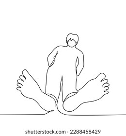 hombre de pie descalzo en un suelo transparente y mira hacia abajo al espectador - un vector de dibujo de una línea. concepto de alta sociedad, vecinos en la cima, fetiche de pies, caminando descalzo