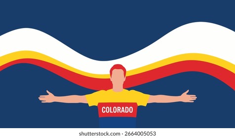 Homem fica diante do vetor de design gráfico da bandeira do estado do Colorado