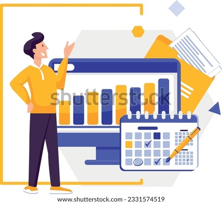 a man stands at the behest of a computer and a calendar, planning a working day