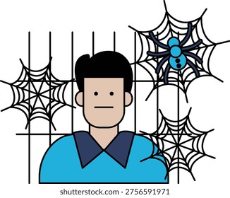 Man stands behind bars, surrounded by spiders and webs. He appears neutral, unmoving, in a confined, eerie setting. Spiders hang on intricate webs, each with distinct legs and eyes