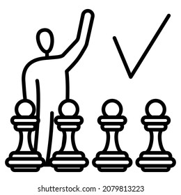 Un hombre se para detrás de un tablero de ajedrez. La estrategia correcta, una victoria exitosa. Jaque mate. Una hilera de peones de ajedrez. Icono del vector, contorno, aislado.  Trazo editable.