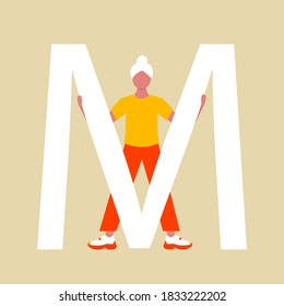 A man stands behind a large the letter M. A flat cartoon character with an upper case letter. Vector illustration. Eps 10.