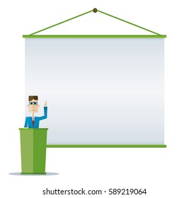 Man stands behind a podium and giving speech. Big screen for conferences. Vector flat design. Empty board with place for text. 