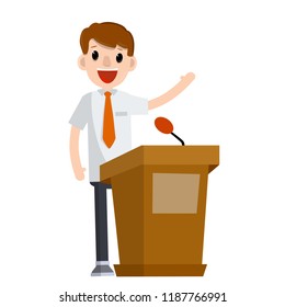 A man stands behind the podium with a microphone. The performance of the policies with the demands and slogans. Elections and polling. Statesman with a lecture - cartoon flat illustration