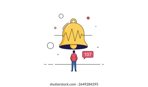 Um homem fica sob um grande sino tocando com uma bolha de notificação flutuando ao seu lado simbolizando alertas e atualizações