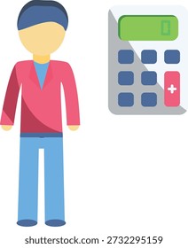A man stands beside a calculator, looking focused and ready to perform calculations.
