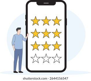 A man stands beside a giant smartphone displaying multiple rows of stars. Giving  Star Rating on a Smartphone Feedback App