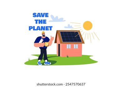 Un hombre se para junto a una casa con paneles solares, promoviendo la conciencia ambiental mientras disfruta de un día soleado. Ilustración vectorial